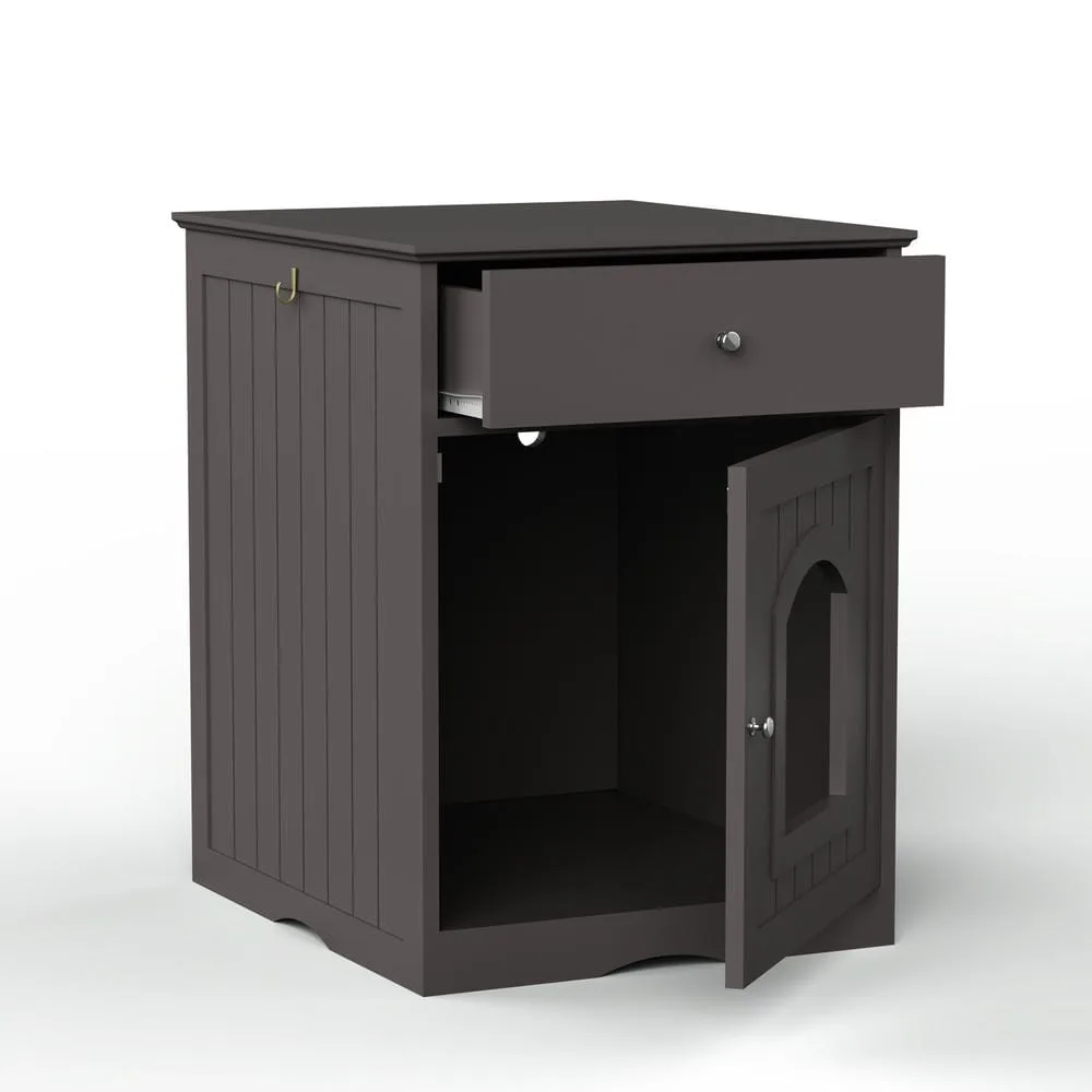Open view showing the hidden litter pan and roomy storage drawer