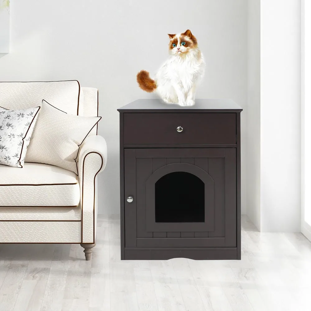 Wooden cat litter box cabinet with drawer and side table top in a cozy living room
