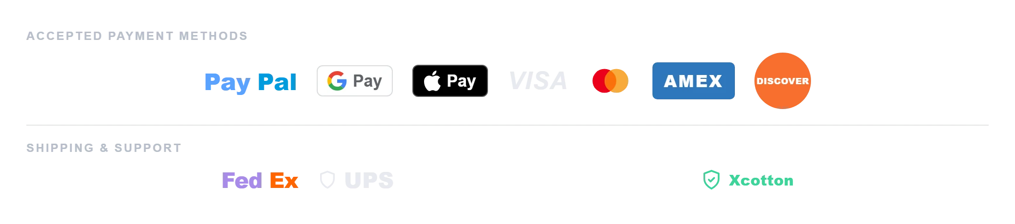 Accepted payment methods: PayPal, Google Pay, Apple Pay, Visa, Mastercard, American Express, and Discover. Shipping via FedEx and UPS with free shipping, 30-day returns, and Xcotton shipping protection.