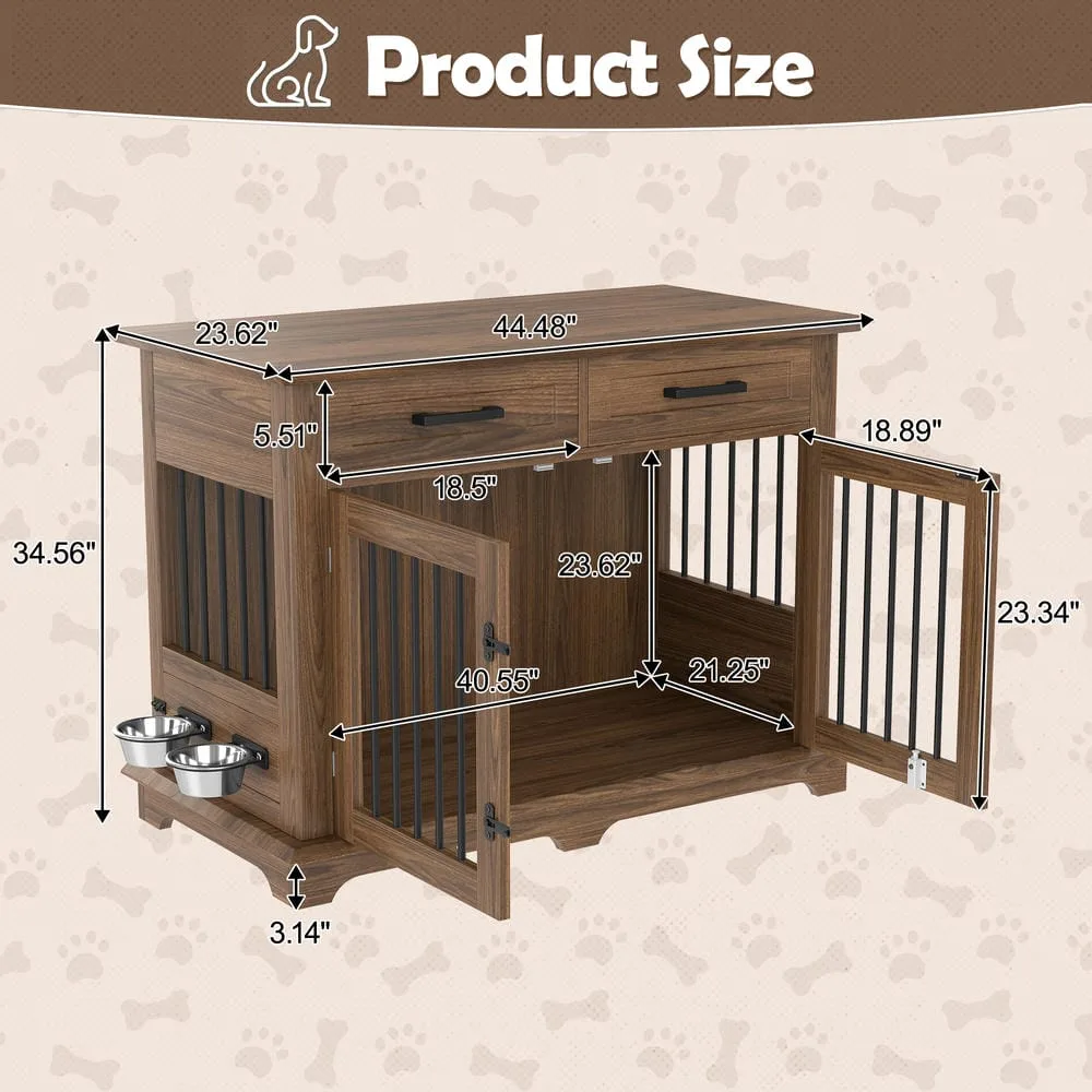 Large dog crate end table with swivel bowls and a soft cushion, shown in a living space