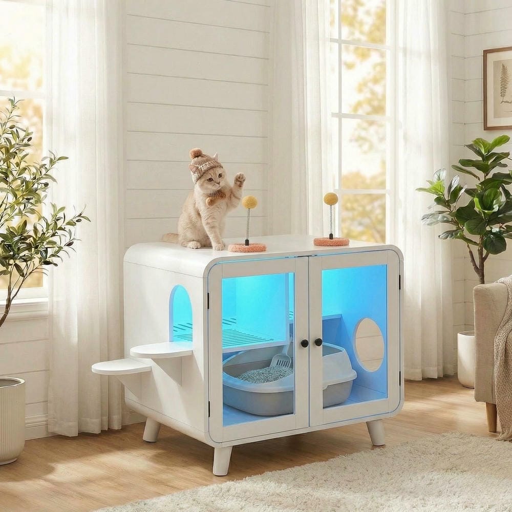 Stylish hidden cat litter box enclosure in a modern living room