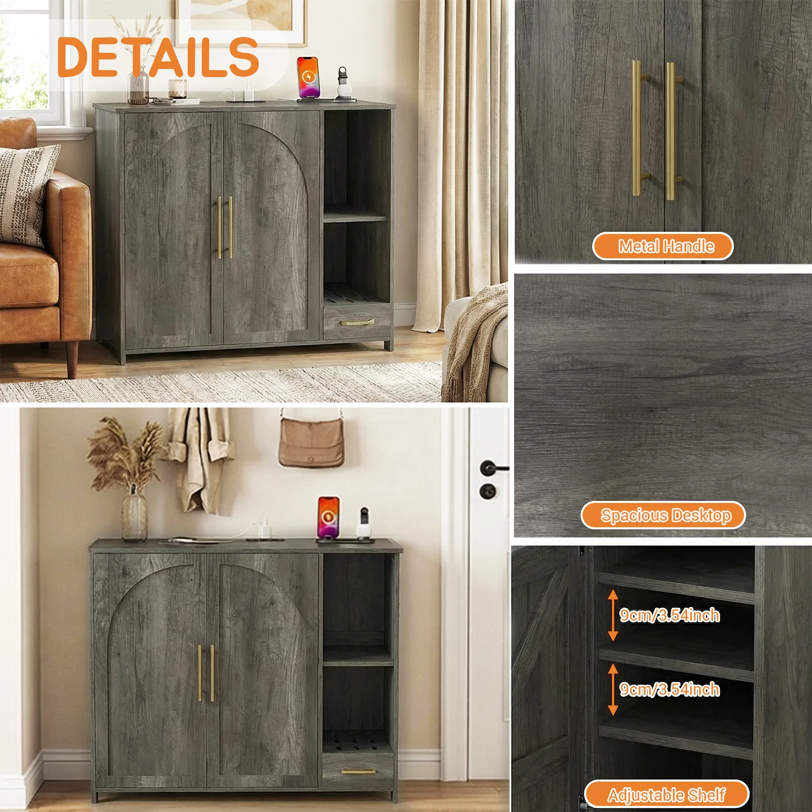 details of the xl litter box enclosure: metal handles, laminate tabletop, adjustable shelf
