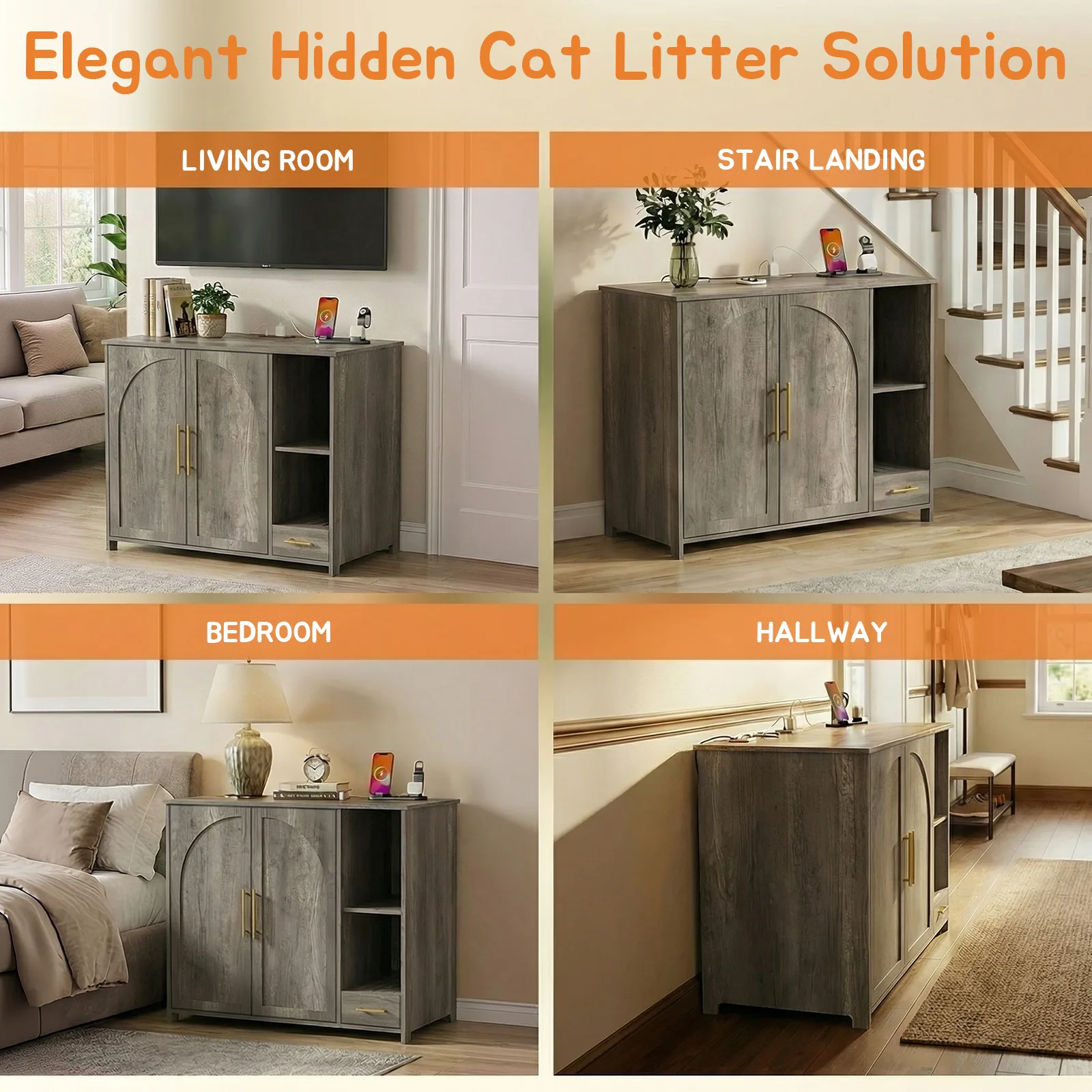 extra large litter box enclosure placed in the living room, stair landing, bedroom, and hallway
