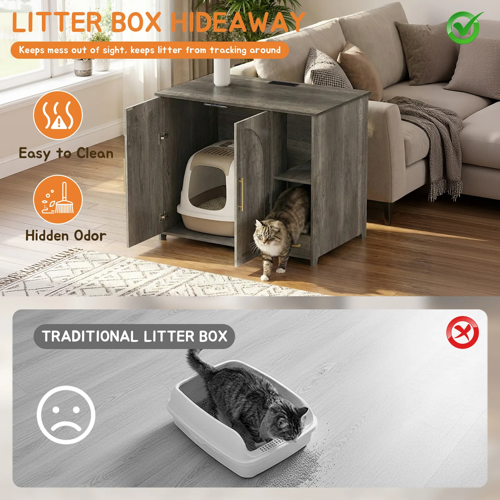 extra large litter box enclosure hiding the litter box with a cat nearby