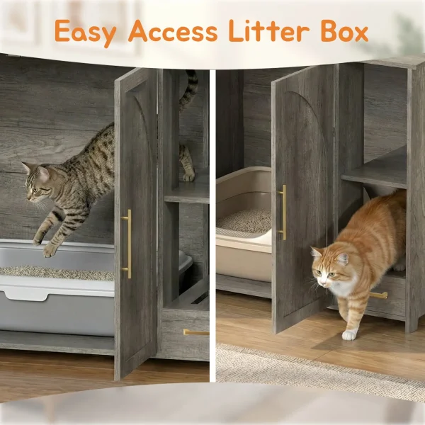 easy access litter box with a cat climbing into the xl litter box enclosure