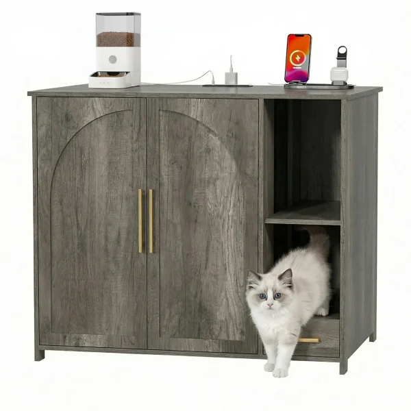 extra large litter box enclosure in grey wood grain with a cat walking out