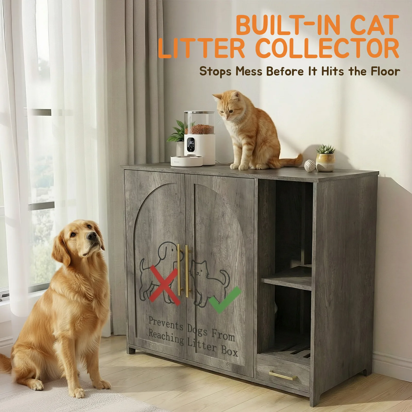 xl litter box enclosure with a built-in cat litter collector, dog and cat nearby