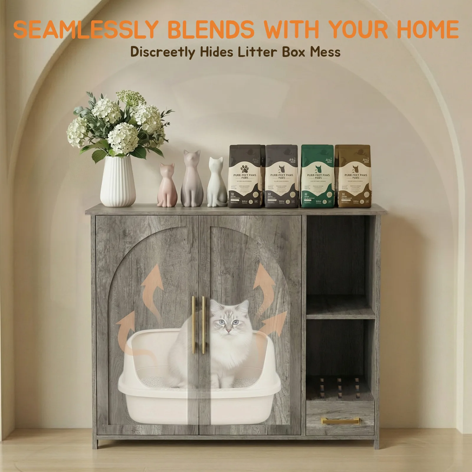 xl litter box enclosure blending into a styled living room