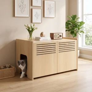 cat litter box enclosure with scratching pad in a beige living room