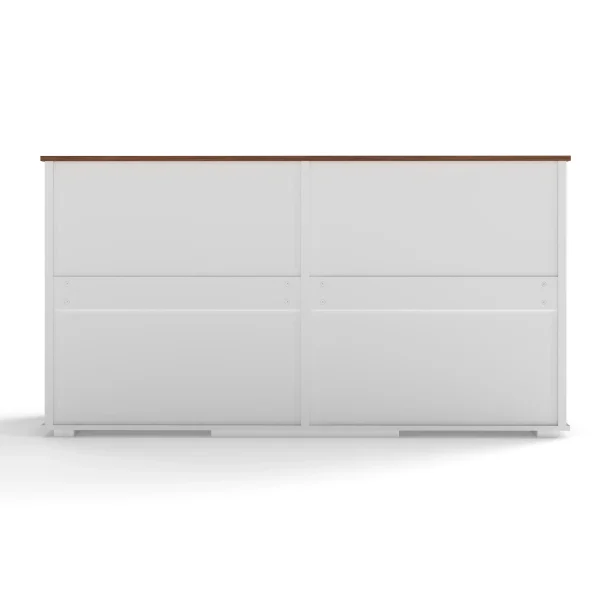 Double dog crate furniture in brown and white with a dog resting inside