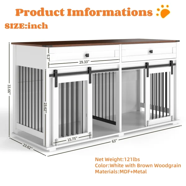 Double dog crate furniture at an angle with two dogs nearby