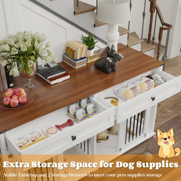 Double dog crate furniture storage drawer holding dog supplies