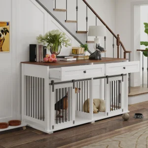Double dog crate furniture in a living room setting