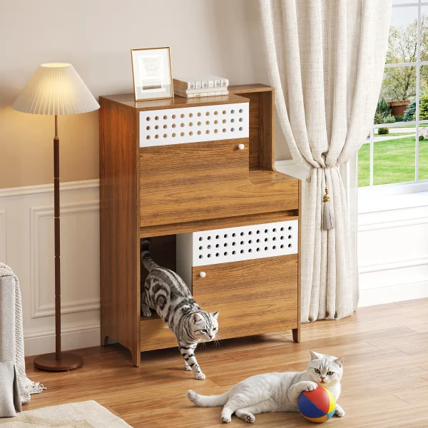 Cat playing beside a cat litter box enclosure side table with the flip-down door open and drawer pulled out