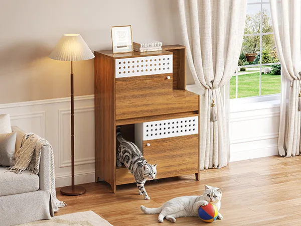 Cat litter box enclosure side table with drawers placed in a bedroom corner