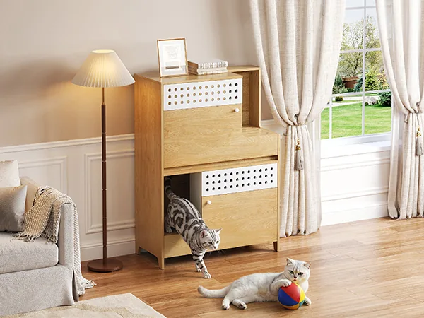 Cat litter box enclosure side table in natural wood grain with two cats in a living room