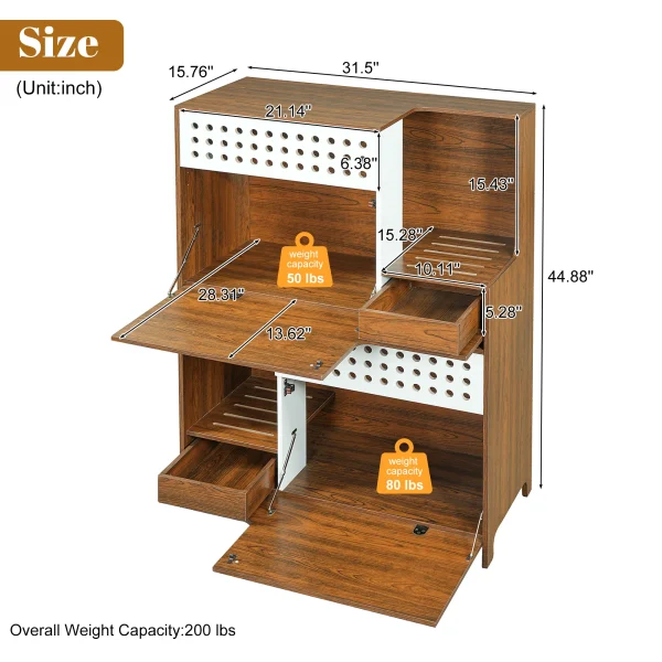 Size chart of the cat litter box enclosure side table with interior measurements and weight capacities