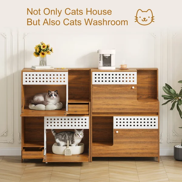 Two cat litter box enclosure side tables arranged as a cat house and a cat washroom side by side