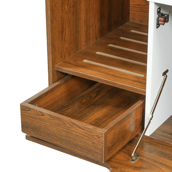Open storage drawer and slatted litter shelf inside the cat litter box enclosure cabinet