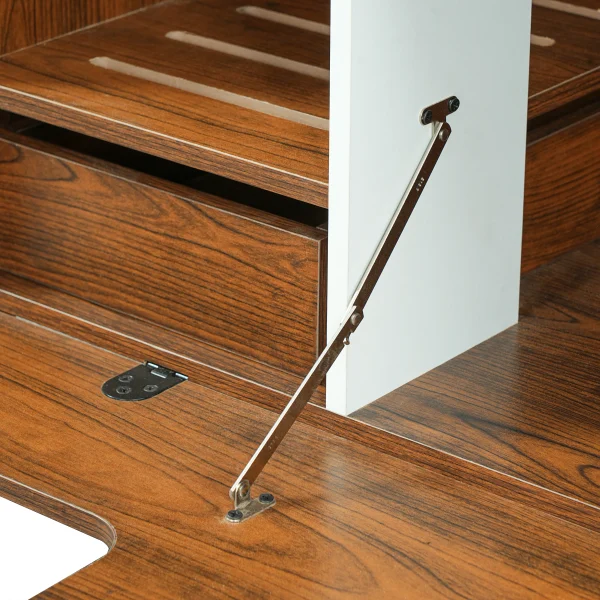 Metal stay arm and slatted shelf detail inside the cat litter box enclosure