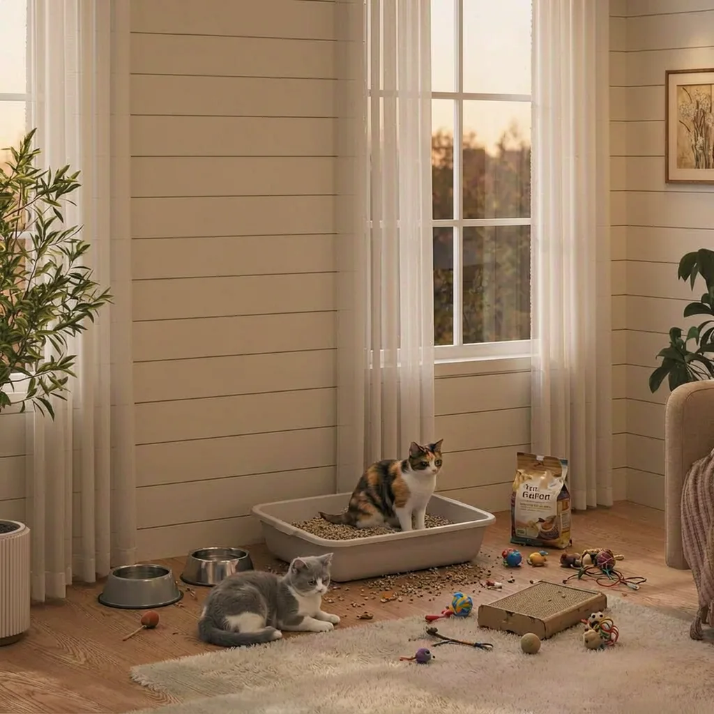 Cat furniture for small apartments: the same living room before, with an open litter box on the floor and pet gear scattered around it
