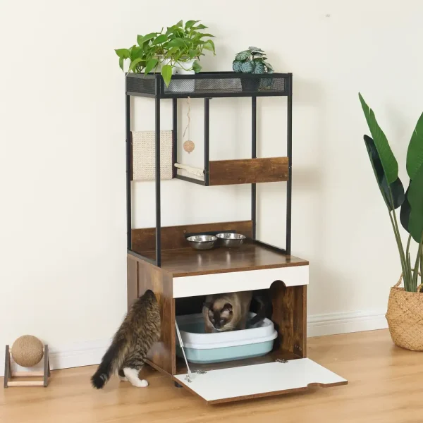 Cat Tree Storage Cabinet with Hidden Storage, Multifunctional Indoor Cat Furniture