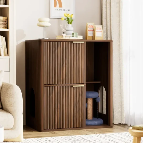 Modern cat litter box furniture cabinet with built-in cat tree