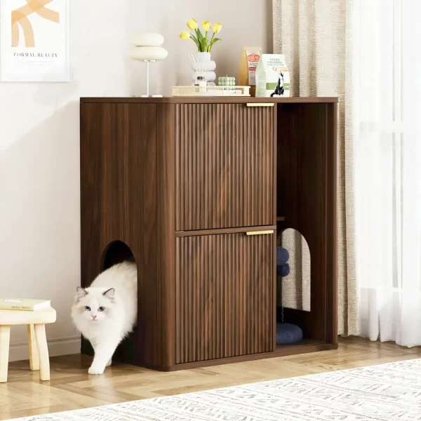 Cat entering dual access doors of hidden litter box furniture